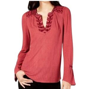 Lucky Brand Women’s Sz M Waffle Knit Embroidered Flare Bell Sleeve Top